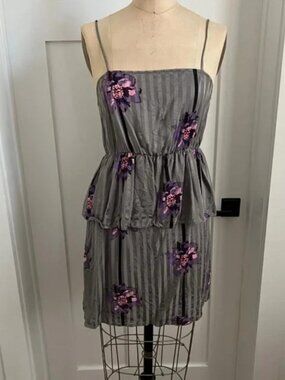 Urban Outfitters Kimchi Blue Gray Purple Silk Floral Striped Peplum Slip Dress S